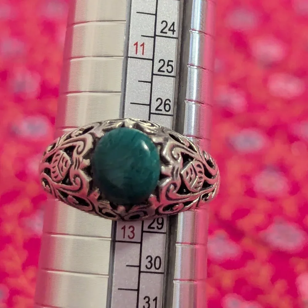 Malachite Sterling Silver Ring Filigree 925‎ Openwork Victorian Edwardian Estate